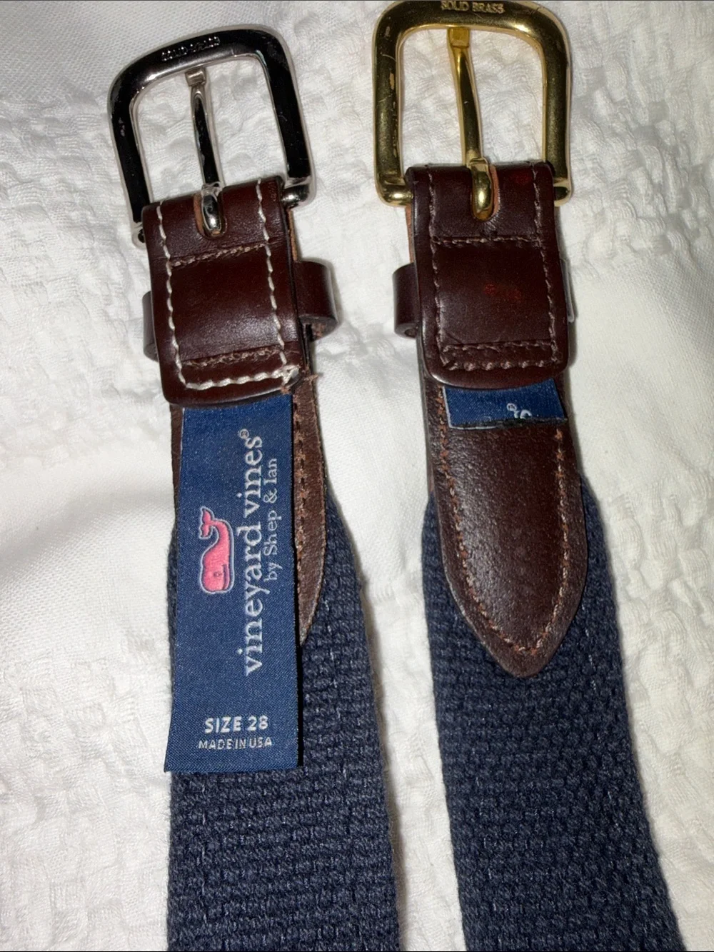 Two Boys Vineyard Vine Navy Patterned Leather-Trim Belt both size 28